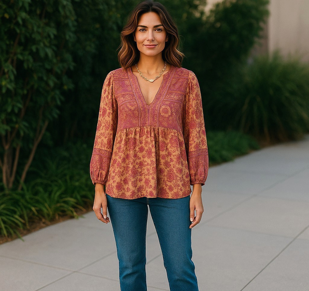 Spell & The Gypsy Collective Shirt Women Small Pink Floral Blouse Organic Cotton